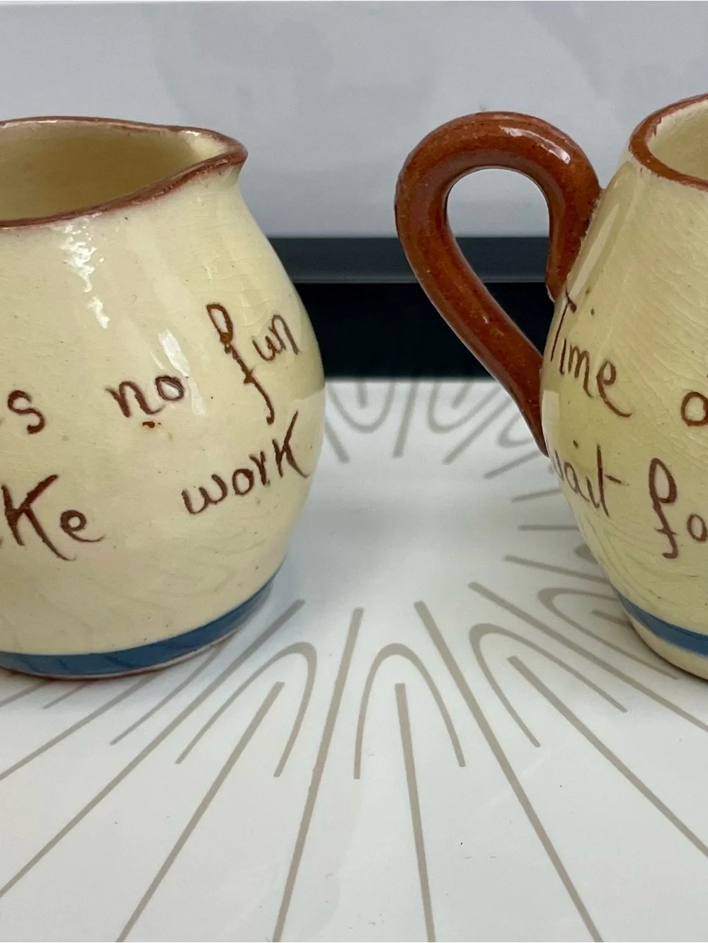 Torquay Watcombe Motto Ware  Made in England  Set of Two Small  Pitchers